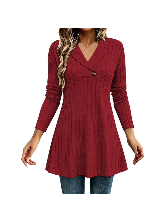Womens Long Sleeve Ribbed Knit Tunic Sweaters V Neck Button Swing Blouse Fall Lightweight Textured Tops