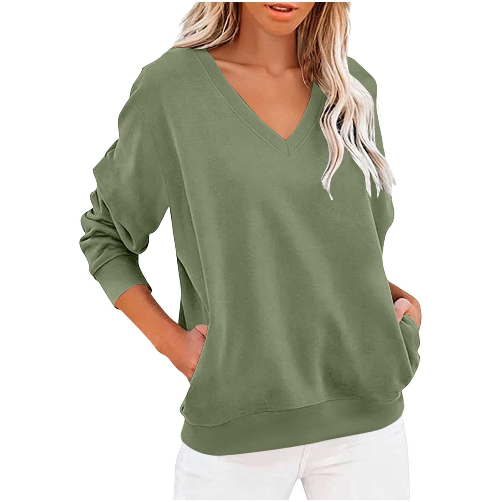 WRFWUL Womens Long Sleeve V Neck Pullover Sweatshirts Loose Fit Solid ...