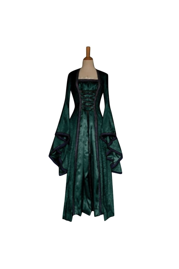 Womens Medieval Renaissance Velvet Corset Waist Bell Sleeve Lace up Long Gown Gothic Halloween Costume Party Dress