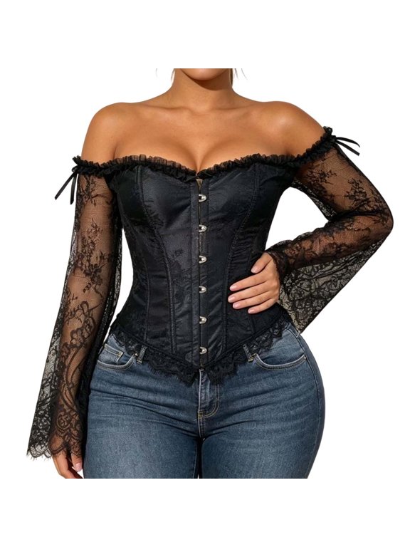 Womens Off Shoulder Lace Corset Top Long Sleeve Ruffle Trim Busk Front Bustier Gothic Halloween Costume