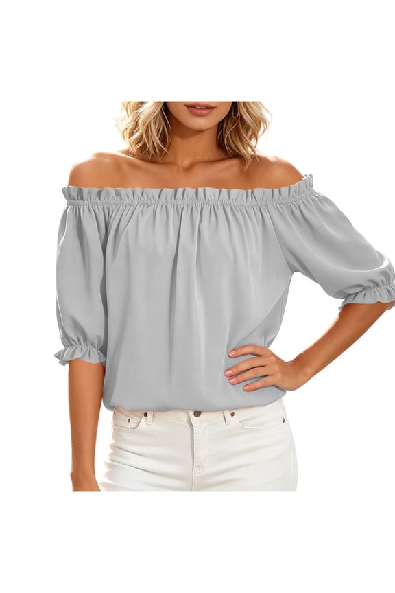 Womens Off Shoulder Ruffle Trim Blouse Casual Loose Fit Cute Puff Sleeve T Shirts Summer Lightweight Breathable Top