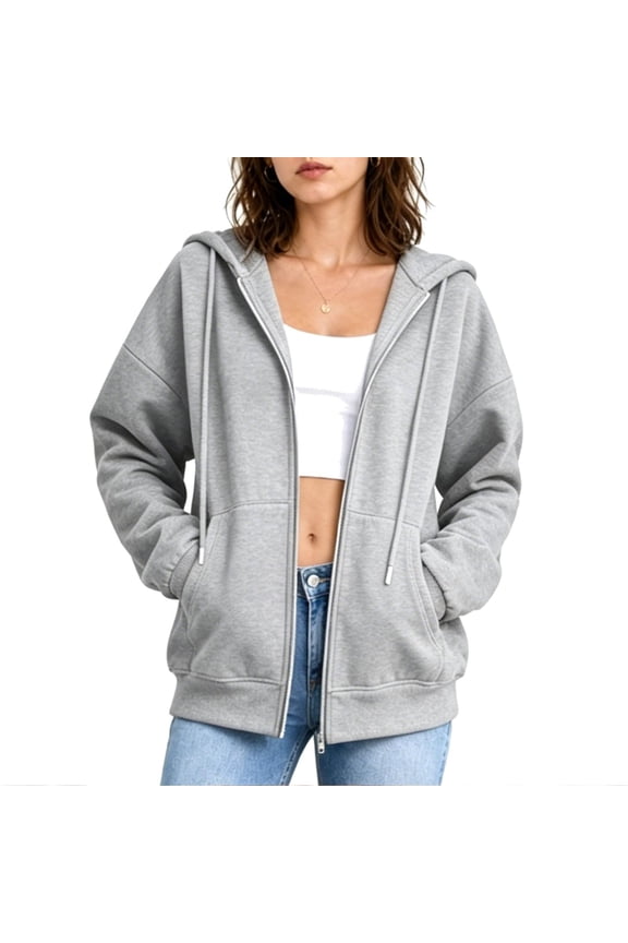 Womens Oversized Zip Up Hoodie Long Sleeve Drawstring Hem Sweatshirts Casual Loose Fit Fall Fashion Jackets with Pockets