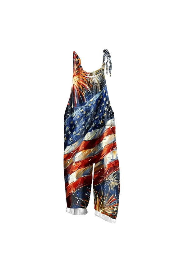 Womens Patriotic Jumpsuits 4th of July Wide Leg Adjustable Strap Overalls American Flag Sleeveless Romper