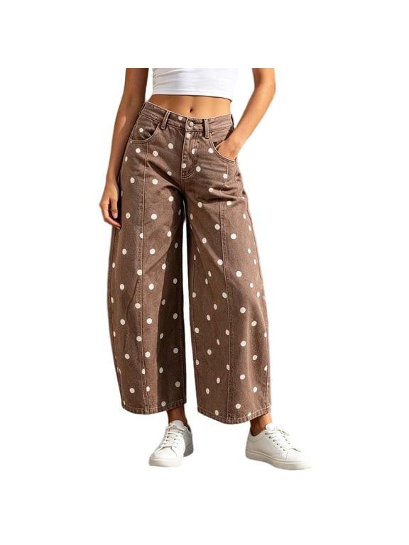 Womens Polka Dot Barrel Jeans High Waist Button Fly Wide Leg Jeans Casual Streetwear Trousers with Pockets