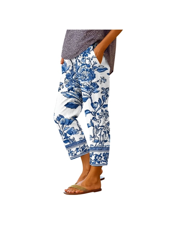 Womens Printed Cropped Tapered Pants Cuffed Hem Flowy Loose Wide Leg Work Trousers with Pockets