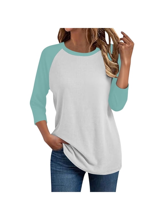 Womens Raglan 3/4 Sleeve Tops Crewneck Curved Hem Tees Color Block Workout Jersey Tshirts