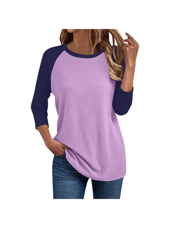 Womens Raglan 3/4 Sleeve Tops Crewneck Curved Hem Tees Color Block Workout Jersey Tshirts