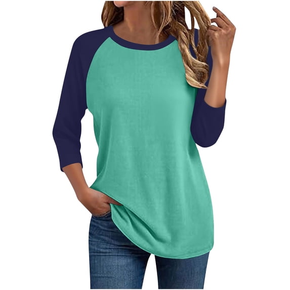 WRFWUL Womens Raglan 3/4 Sleeve Tops Crewneck Curved Hem Tees Color Block Workout Jersey Tshirts
