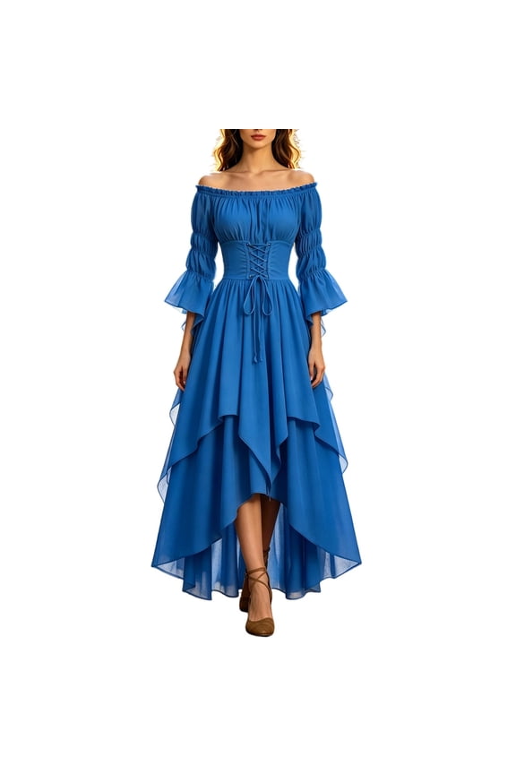 Womens Renaissance Dress Gothic Off Shoulder Corset Waist Tiered Ruffle High Low Hem Halloween Costume Party Dress