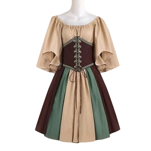 WRFWUL Womens Renaissance Dress Off Shoulder Lace Up Corset Waist Flared Bell Sleeve Medieval Fairy Halloween Costume Party Gown