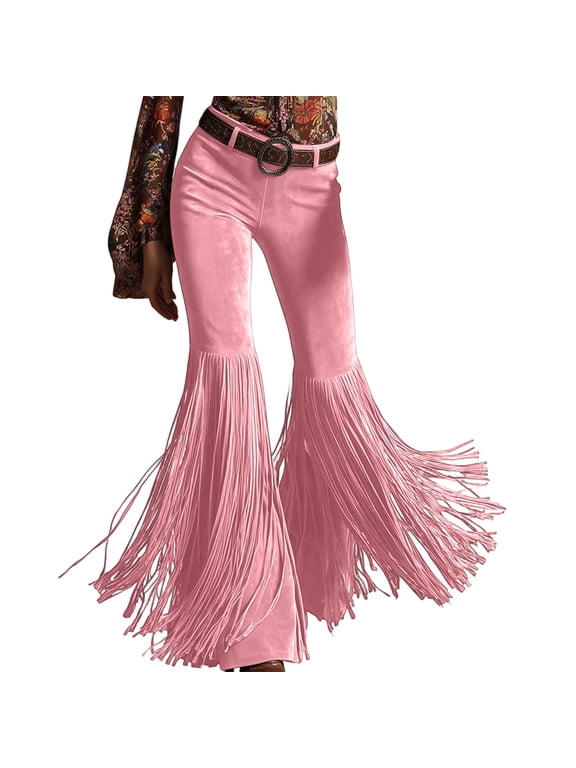 Womens Retro Tassel Flare Pants High Waist Casual Suede Bell Pants Western Vintage Festival Party Dance Trousers