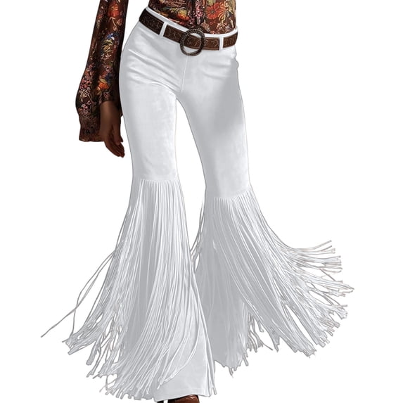 WRFWUL Womens Retro Tassel Flare Pants High Waist Casual Suede Bell Pants Western Vintage Festival Party Dance Trousers