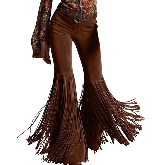WRFWUL Womens Retro Tassel Flare Pants High Waist Casual Suede Bell Pants Western Vintage Festival Party Dance Trousers