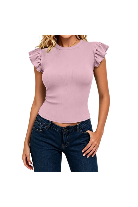Womens Ribbed Knit Crop Top Cute Slim Fitted Shirts Summer Casual Crewneck Ruffle Sleeve Going Out Tee Shirts