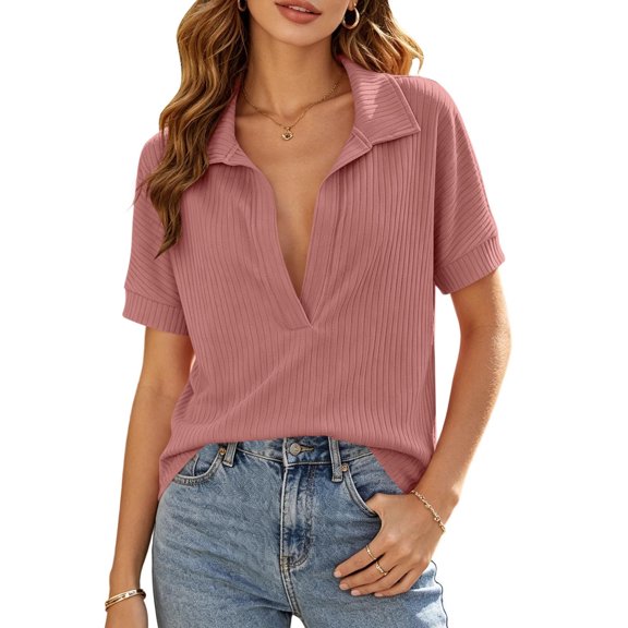 WRFWUL Womens Ribbed Knit Short Sleeve Shirts Stretchy Slim Fit V Neck Collared Summer Business Casual Office Blouses