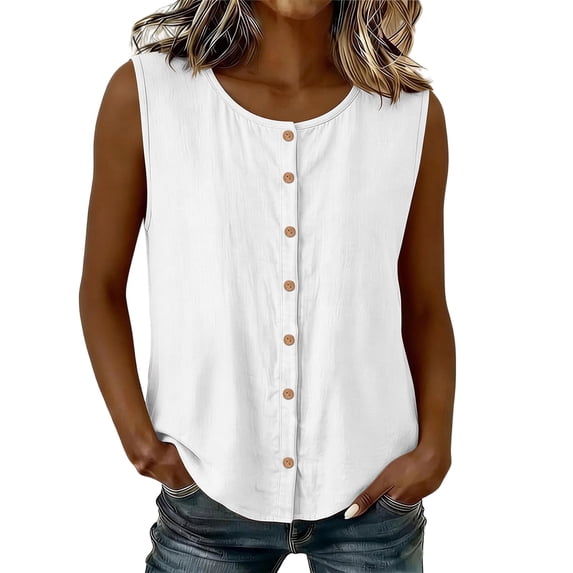 WRFWUL Womens Scoop Neck Cotton Tank Tops Button Down Sleeveless Vest Loose Lightweight Gauze Blouses
