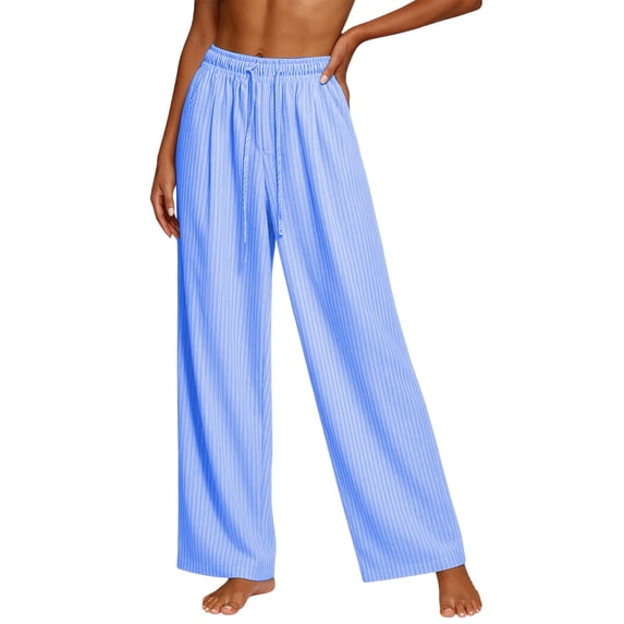 WRFWUL Womens Seersucker Striped Wide Leg Pants Drawstring Elastic Waist Casual Beach Vacation Flowy Trousers with Pockets