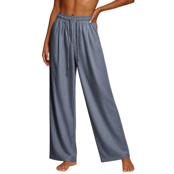 WRFWUL Womens Seersucker Striped Wide Leg Pants Drawstring Elastic Waist Casual Beach Vacation Flowy Trousers with Pockets