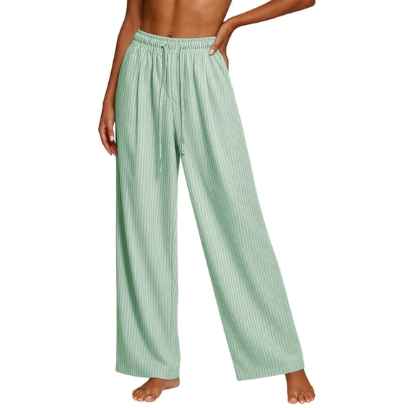 WRFWUL Womens Seersucker Striped Wide Leg Pants Drawstring Elastic Waist Casual Beach Vacation Flowy Trousers with Pockets