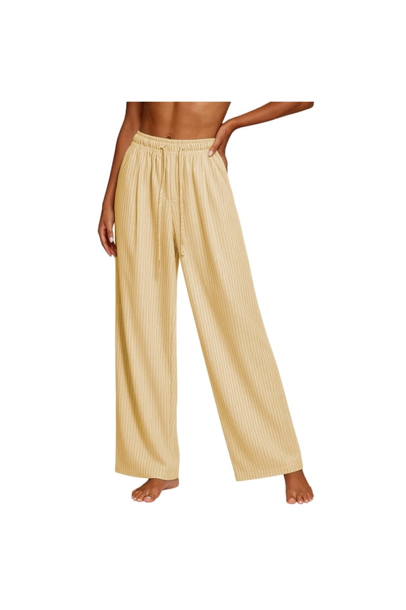 Womens Seersucker Striped Wide Leg Pants Drawstring Elastic Waist Casual Beach Vacation Flowy Trousers with Pockets