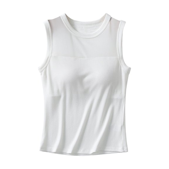 WRFWUL Womens Sheer Mesh Yoke Ribbed Tank Tops Stretchy Crewneck Sleeveless Tank Summer Casual Going Out Vests
