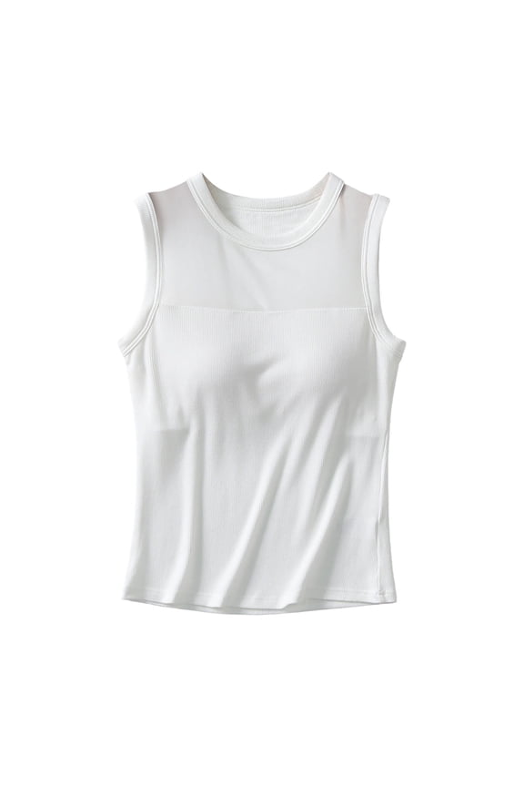 Womens Sheer Mesh Yoke Ribbed Tank Tops Stretchy Crewneck Sleeveless Tank Summer Casual Going Out Vests