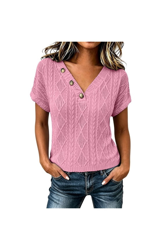 Womens Short Sleeve Knit Sweater V Neck Button Cable Knit Texture Tops Casual Summer Solid Color Pullover Blouses