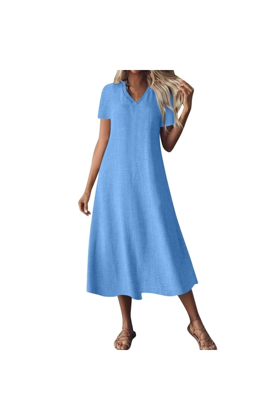 Womens Short Sleeve V Neck Tunic Boho Maxi Dress Casual Summer Modest Long Flowy Beach Vacation Dresses