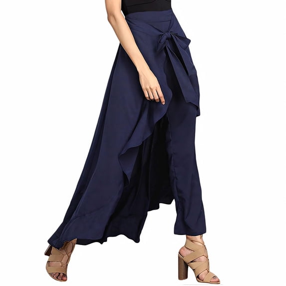 WRFWUL Womens Skirt Pants High Waist Wide Leg Ruffle Pants Tie Front Asymmetrical Hem Flowy Casual Dressy Trousers