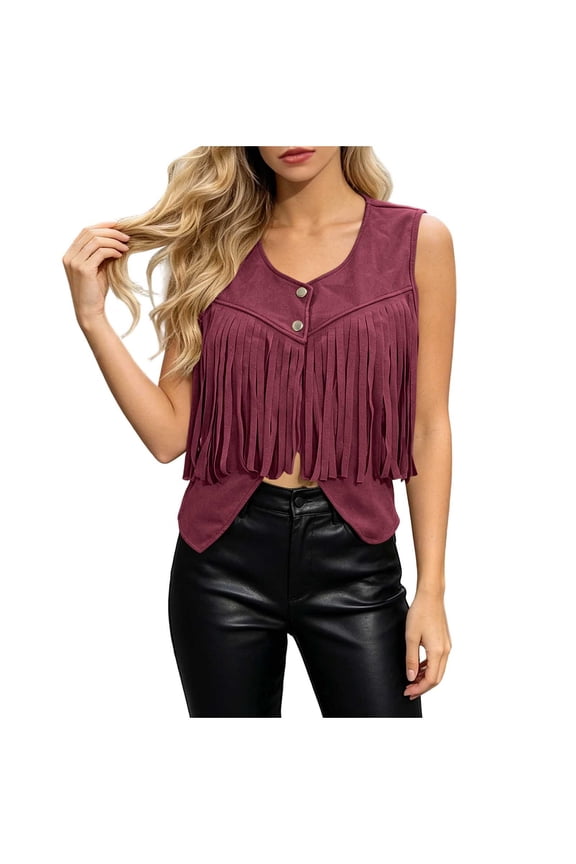 Womens Sleeveless Faux Suede Fringe Vest Western Style Button Front Cropped Waistcoat Boho Chic Festival Tops