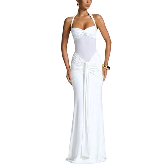 WRFWUL Womens Sleeveless Halter Mesh Dresses Backless Corset Maxi Wrap Dress Bridesmaid Wedding Guest Ruched Dress
