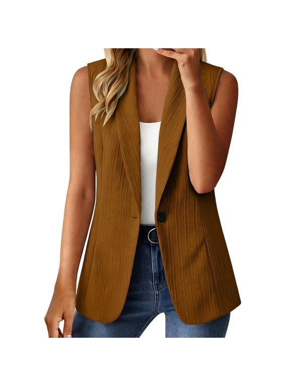 Womens Sleeveless Pleated Blazer Vest Open Front Textured Waistcoat One Button Jacket Business Casual Work Office Top