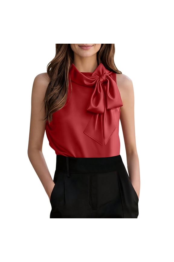 Womens Sleeveless Satin Bow Neck Blouse Elegant High Collar Office Casual Going Out Top Slim Fit Summer Workwear Shirt