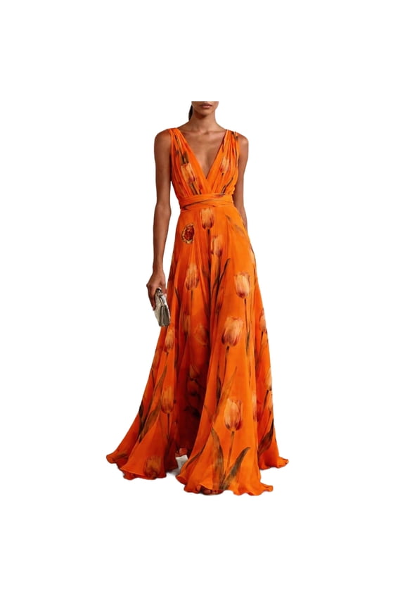 Womens Sleeveless V Neck Chiffon Maxi Dress Tulip Floral Print Flowy Long Gown Elegant Evening Party Tank Sundresses