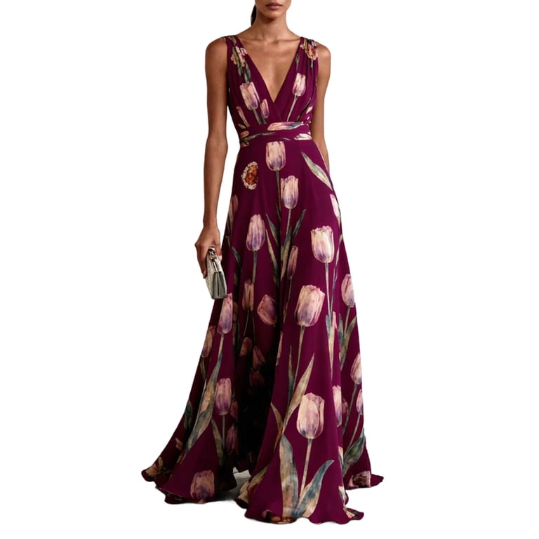 chiffon tulip dress Tulip Print Sleeveless Chiffon Long Dress Women