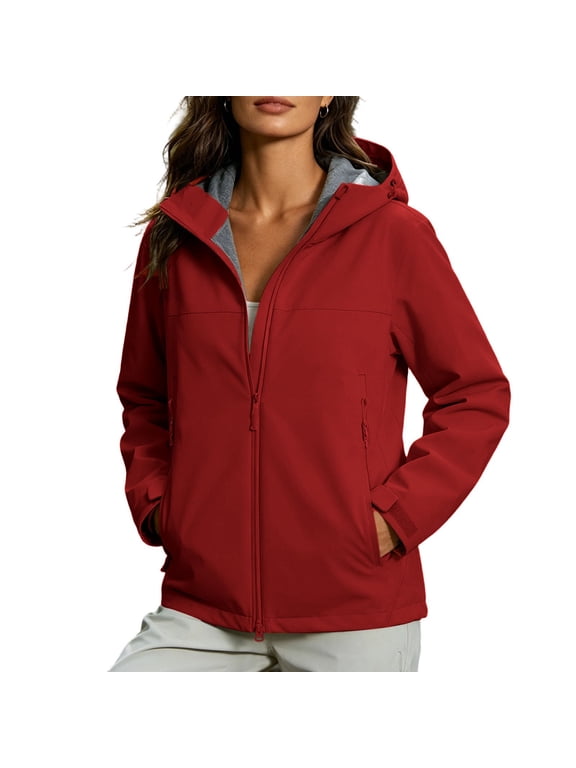 Womens Softshell Jacket Full Zip Hooded Windproof Water Resistant Outwear Lightweight Outdoor Hiking Coat Fall Versatile Wear