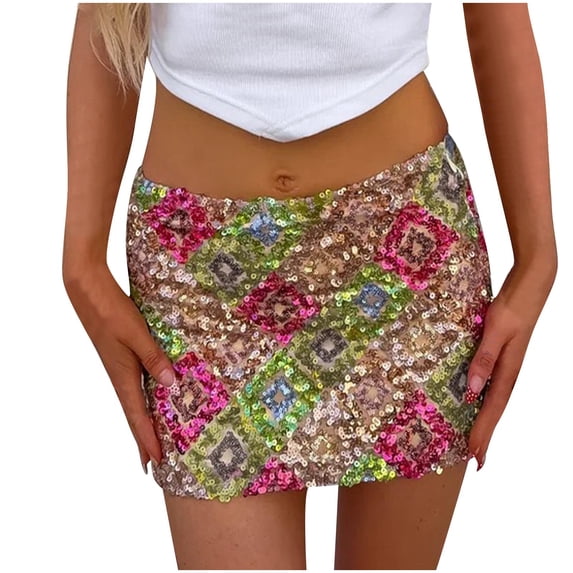WRFWUL Womens Sparkly Sequins Plaid Multicolor Mini Skirts Low Rise Shiny Glitter Short Skirts Clubwear Party Bodycon Skirt