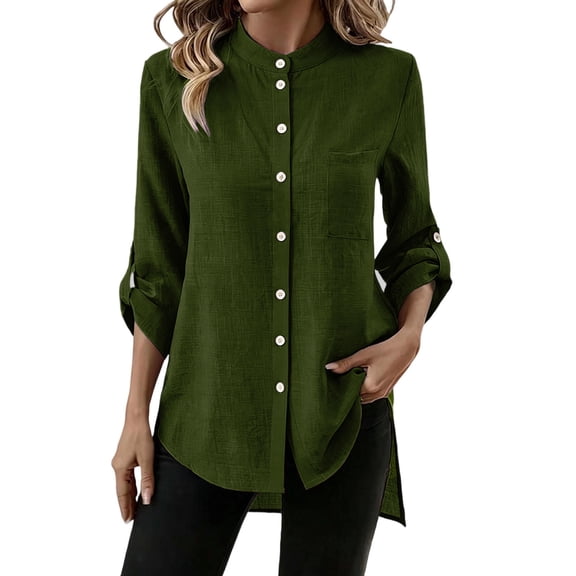 WRFWUL Womens Stand Collar Button Down Shirts Casual Split Hem Rolled Up Long Sleeve Tunic Tops Business Work Blouses