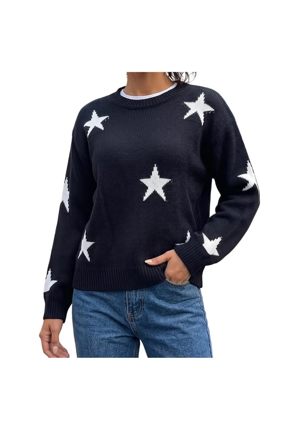 Womens Star Print Knit Sweater Long Sleeve Crewneck Pullover Tops Fashion Versatile Fall Clothes
