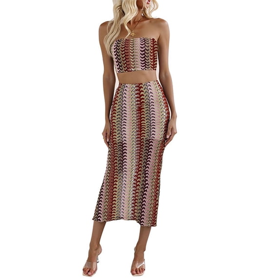 WRFWUL Womens Strapless Tube Top Midi Skirt Set Knitted Print Bodycon Two Piece Party Clubwear Dress Outfits Sets