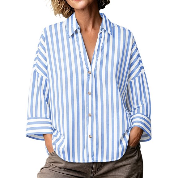 WRFWUL Womens Striped 3/4 Sleeve Shirts Dressy Casual Lapel Collar Button Down Blouses Summer Beach Vacation Tops