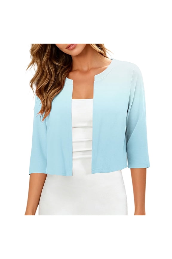 Womens Thin Shrug Cardigan 3/4 Sleeve Open Front Bolero Crop Top Lightweight Evening Party Cover Up Jacket