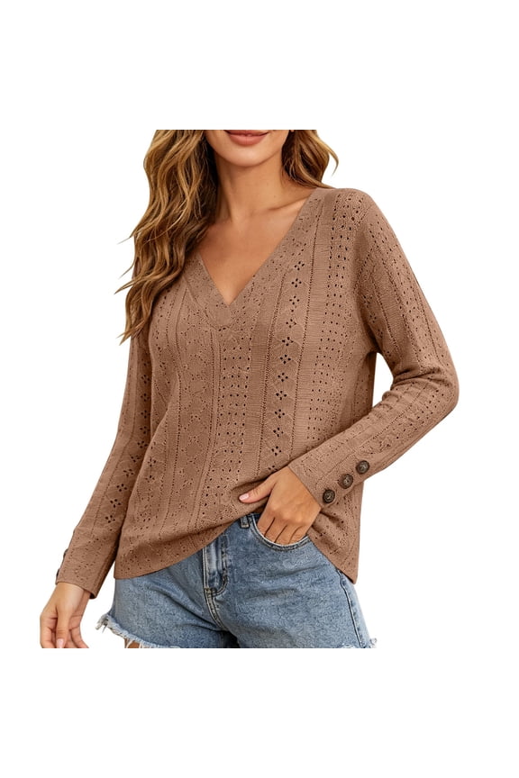 Womens V Neck Pointelle Knit Shirts Long Sleeve Button Cuff Casual Loose Fit Fall Going Out Pullover Tops