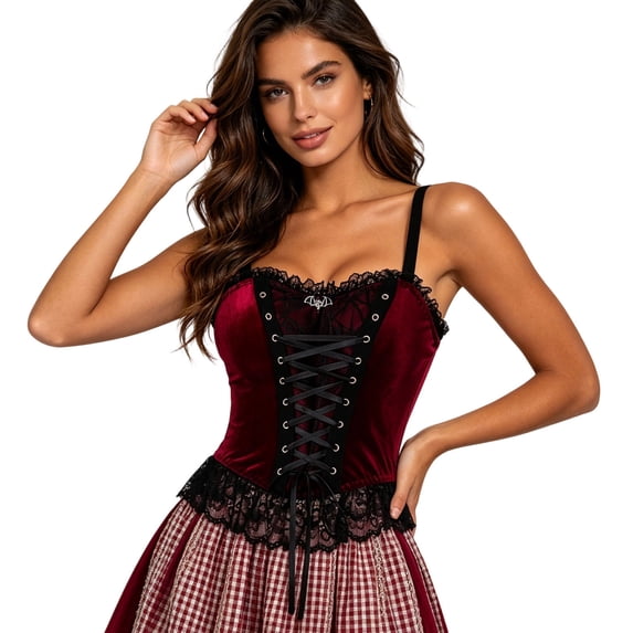 WRFWUL Womens Velvet Corset Tops Adjustable Lace Up Bustier Slim Fit Spaghetti Strap Gothic Lingerie Style Party Clubwear Shirts