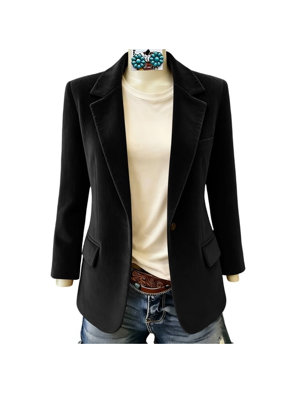 Womens Vintage Corduroy Blazer Jacket Notched Lapel Single Button Open Front Long Sleeve Blazer Business Casual Office Coat