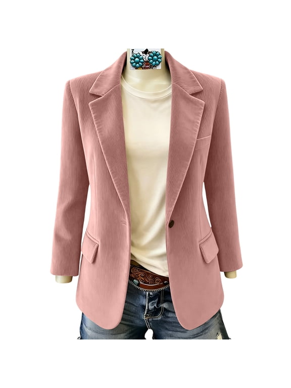 Womens Vintage Corduroy Blazer Jacket Notched Lapel Single Button Open Front Long Sleeve Blazer Business Casual Office Coat