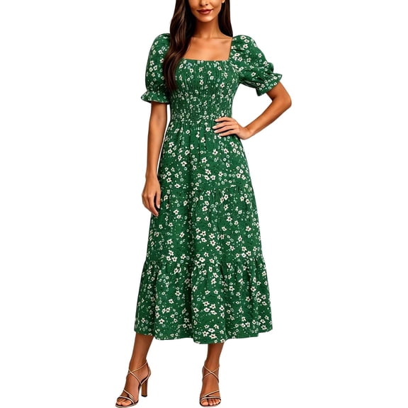 WRFWUL Womens Vintage Floral Midi Dress Puff Sleeve Square Neck Smocked Waist Tiered Ruffle Hem Flowy A Line Dress