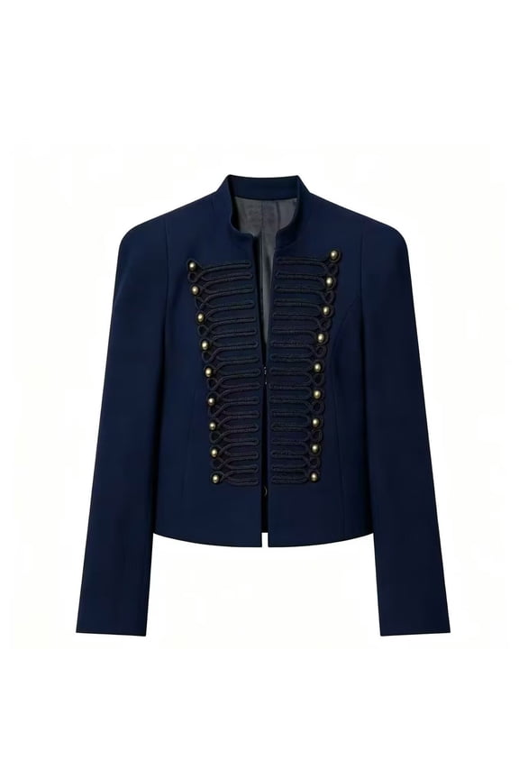 Womens Vintage Military Style Cropped Jacket Structured Shoulder Pads Button Front Long Sleeve Formal Blazer Coat