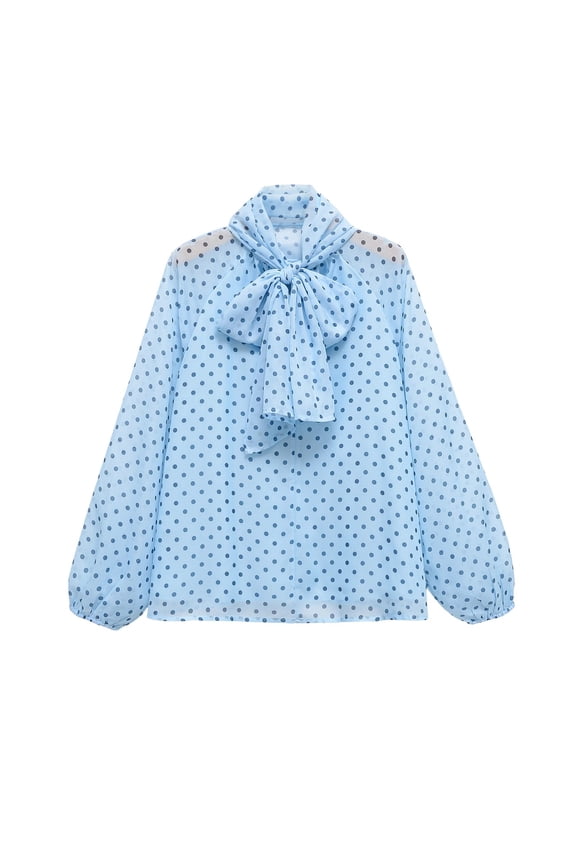Womens Vintage Polka Dot Print Blouses Loose Fit Bow Tie Neck Long Sleeve Shirts Romantic French Style Tops