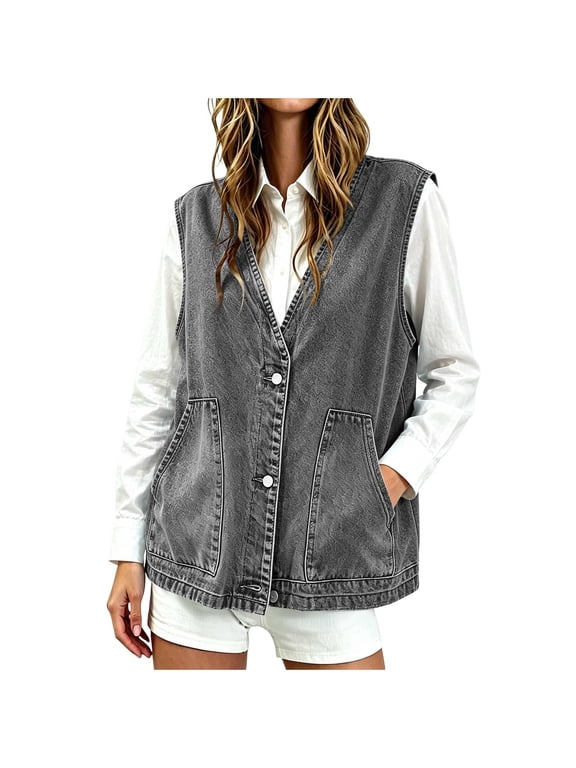 Womens Vintage V Neck Denim Vest Sleeveless Button Down Jean Waistcoat Gilet Loose Fit Casual Layering Outerwear